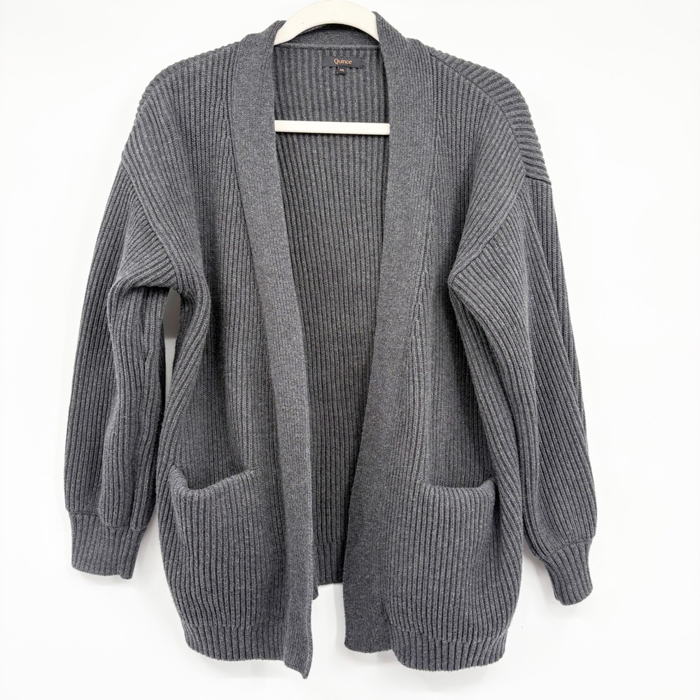 Quince Womens Organic Cotton Ribbed Oversized Minimalist Cardigan Charcoal M